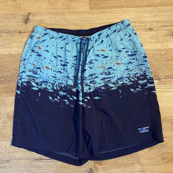 L.L. Bean Swim Ll Bean Classic Supplex Sport Shorts Swim Trunks Fish Print Mens Size L